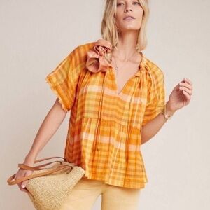 Pilcro Anthropologie Bette orange plaid babydoll top